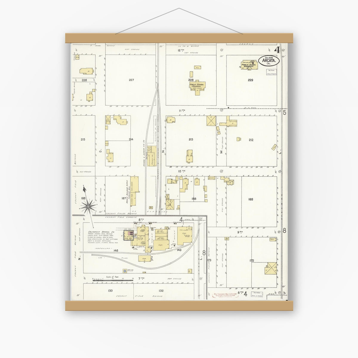 Old map wall art mockup — magnetic wood frame on white wall — Sanborn Fire Insurance Map from Arcata, Humboldt County, California (1908), Sheet #0004