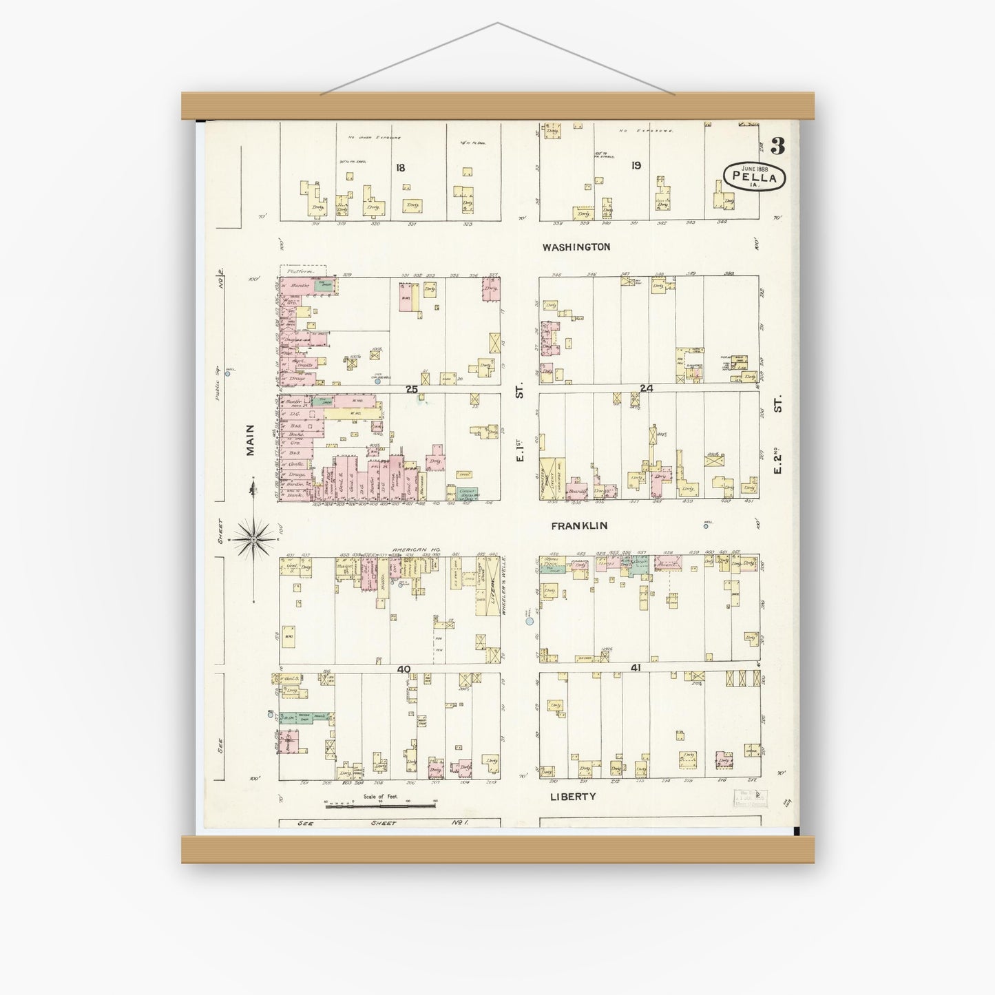 Old map wall art mockup — magnetic wood frame on white wall — Sanborn Fire Insurance Map from Pella, Marion County, Iowa (1888), Sheet #0003