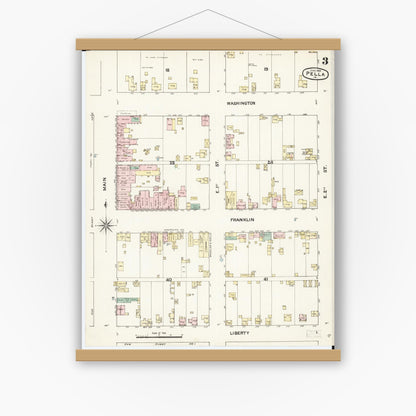 Old map wall art mockup — magnetic wood frame on white wall — Sanborn Fire Insurance Map from Pella, Marion County, Iowa (1888), Sheet #0003