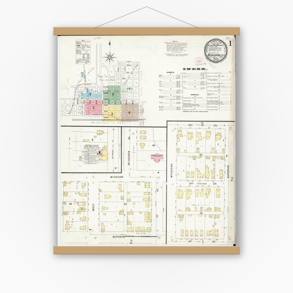 Old map wall art mockup — magnetic wood frame on white wall — Sanborn Fire Insurance Map from Missouri Valley, Harrison County, Iowa (1896) â€” Complete Set