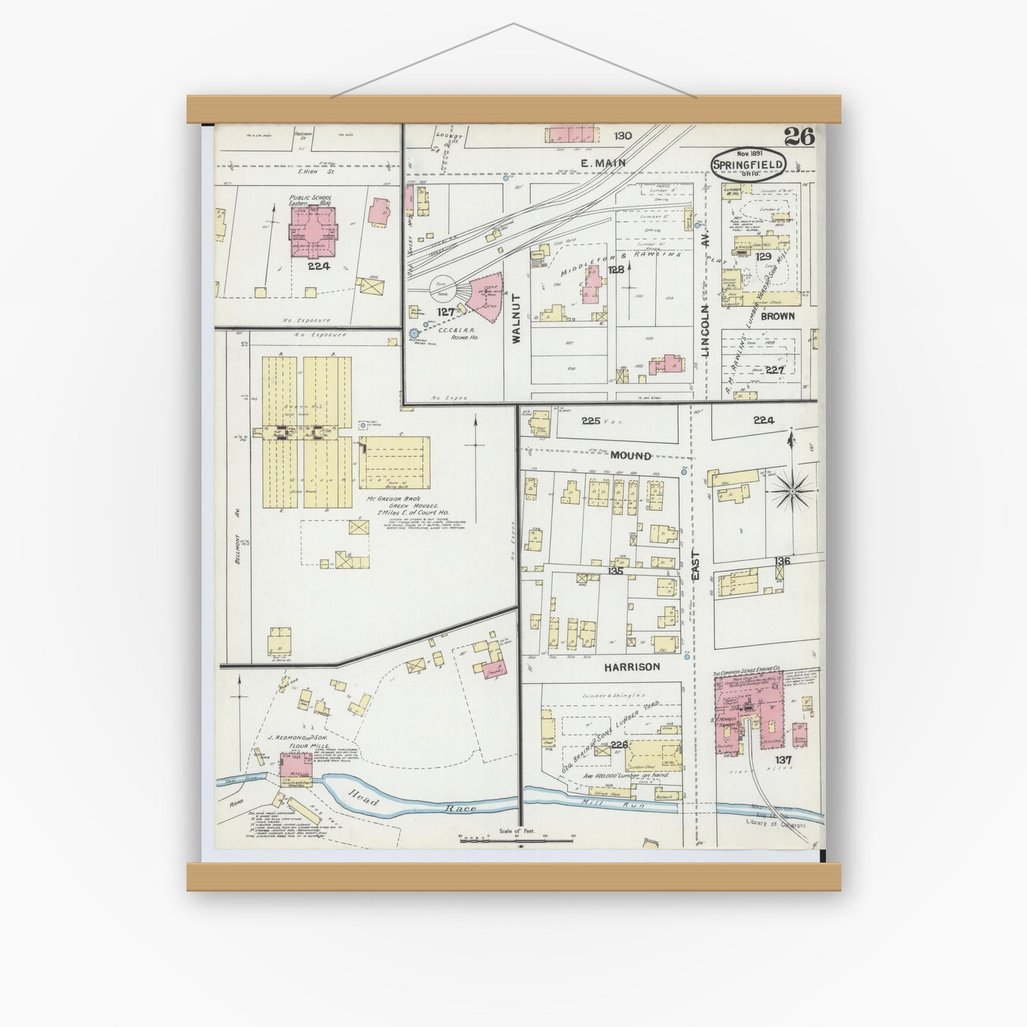 Old map wall art mockup — magnetic wood frame on white wall — Sanborn Fire Insurance Map from Springfield, Clark County, Ohio (1891), Sheet #0026