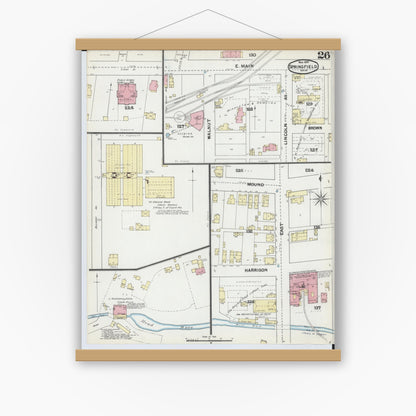 Old map wall art mockup — magnetic wood frame on white wall — Sanborn Fire Insurance Map from Springfield, Clark County, Ohio (1891), Sheet #0026