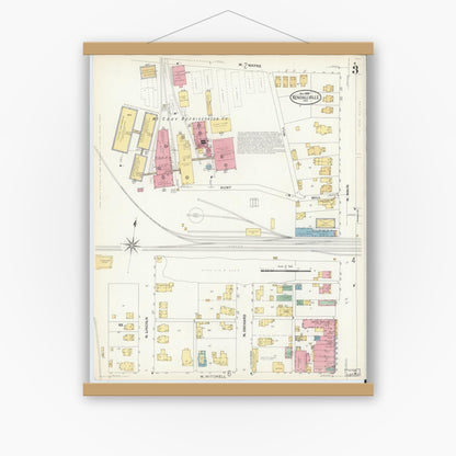 Old map wall art mockup — magnetic wood frame on white wall — Sanborn Fire Insurance Map from Kendallville, Noble County, Indiana (1908), Sheet #0003