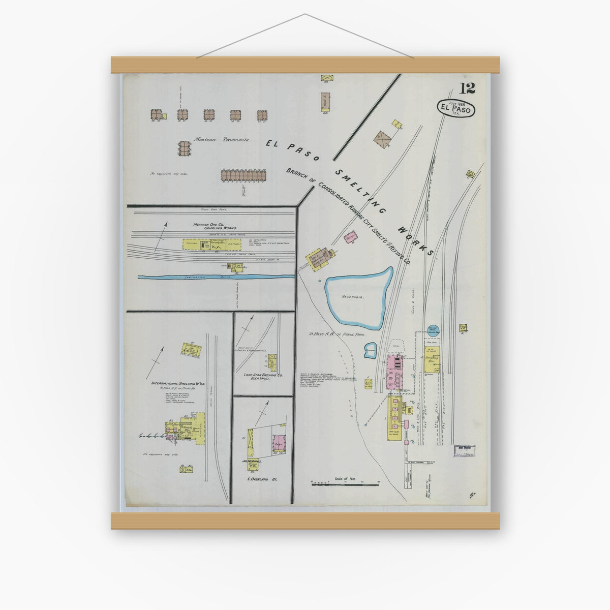 Old map wall art mockup — magnetic wood frame on white wall — Sanborn Fire Insurance Map from El Paso, El Paso County, Texas (1888), Sheet #0012