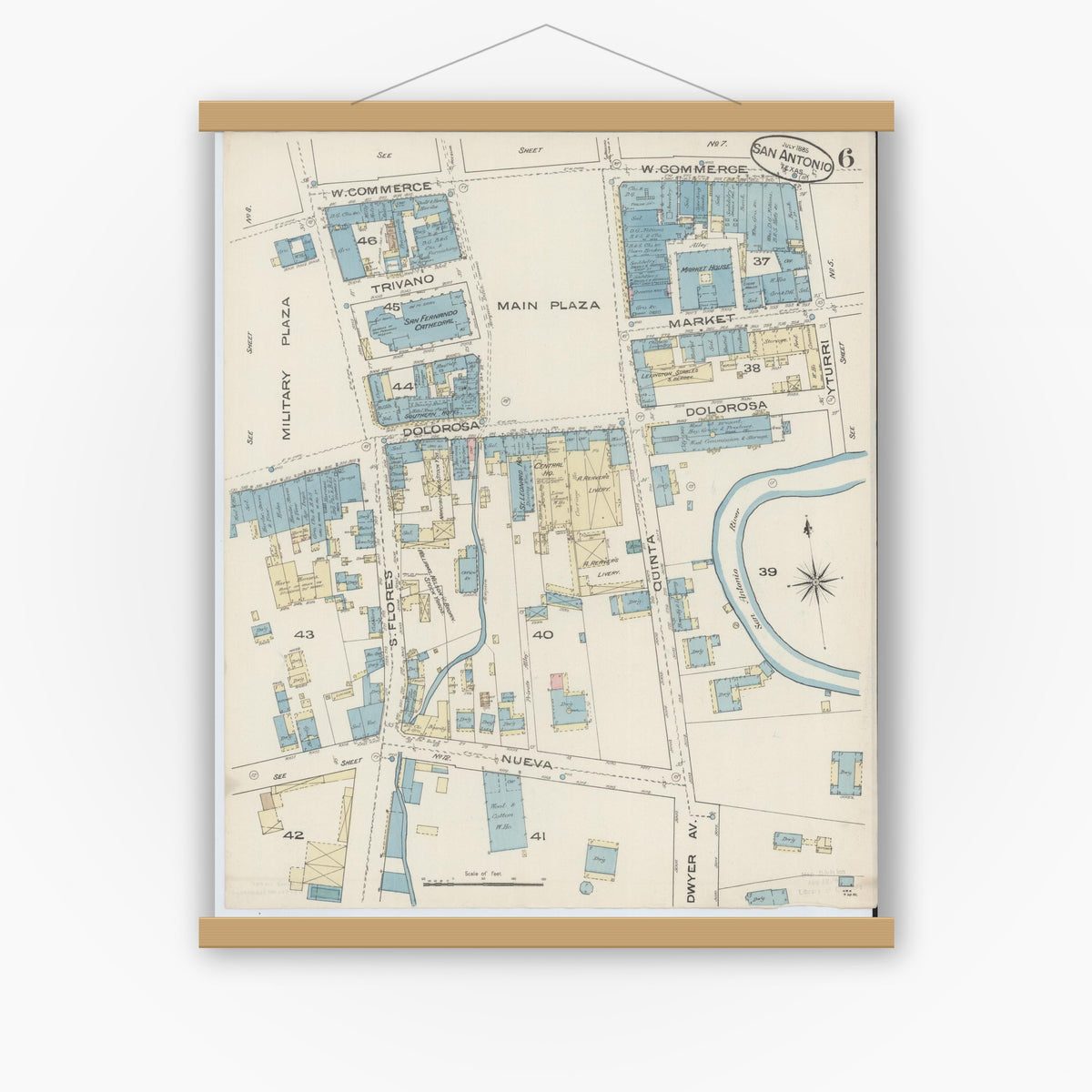 Old map wall art mockup — magnetic wood frame on white wall — Sanborn Fire Insurance Map from San Antonio, Bexar County, Texas (1885), Sheet #0006