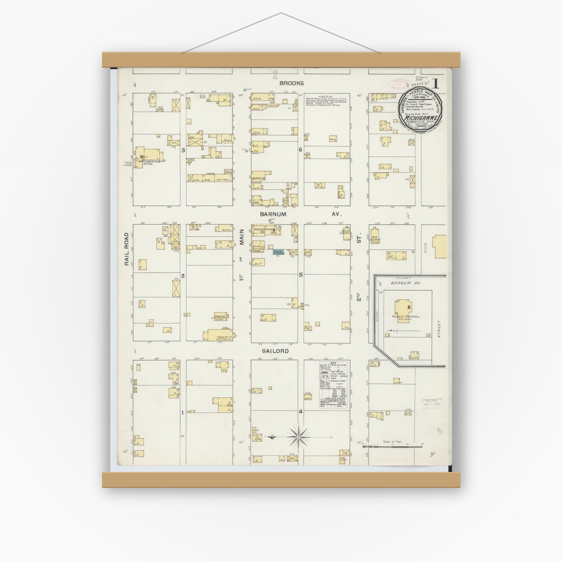 Old map wall art mockup — magnetic wood frame on white wall — Sanborn Fire Insurance Map from Michigamme, Marquette County, Michigan (1892) - Complete Map Set