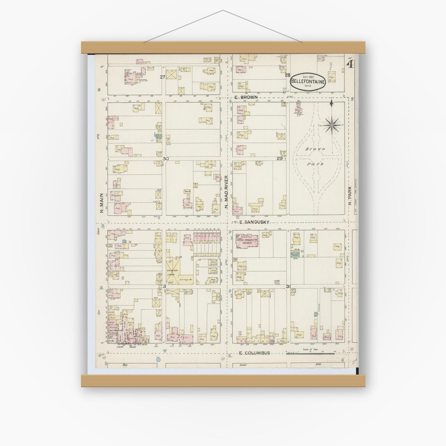 Old map wall art mockup — magnetic wood frame on white wall — Sanborn Fire Insurance Map from Bellefontaine, Logan County, Ohio (1887), Sheet #0004