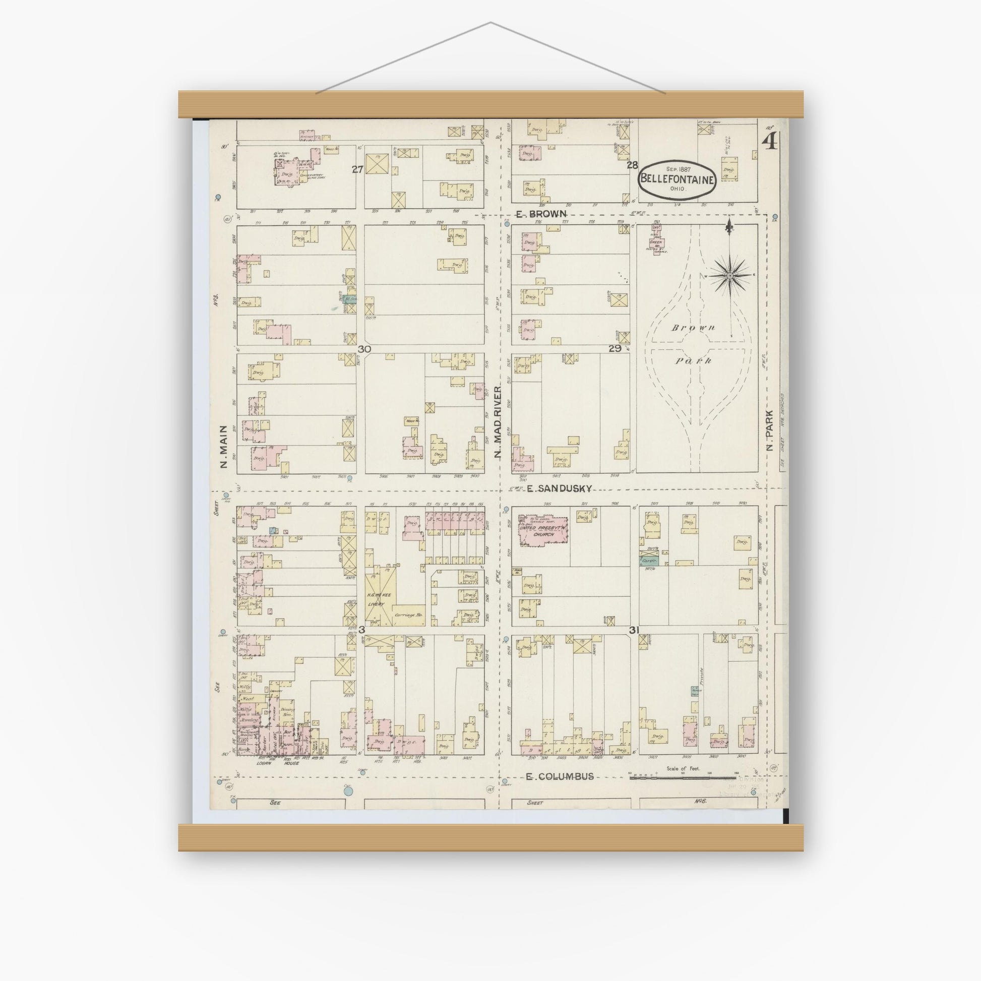 Old map wall art mockup — magnetic wood frame on white wall — Sanborn Fire Insurance Map from Bellefontaine, Logan County, Ohio (1887), Sheet #0004