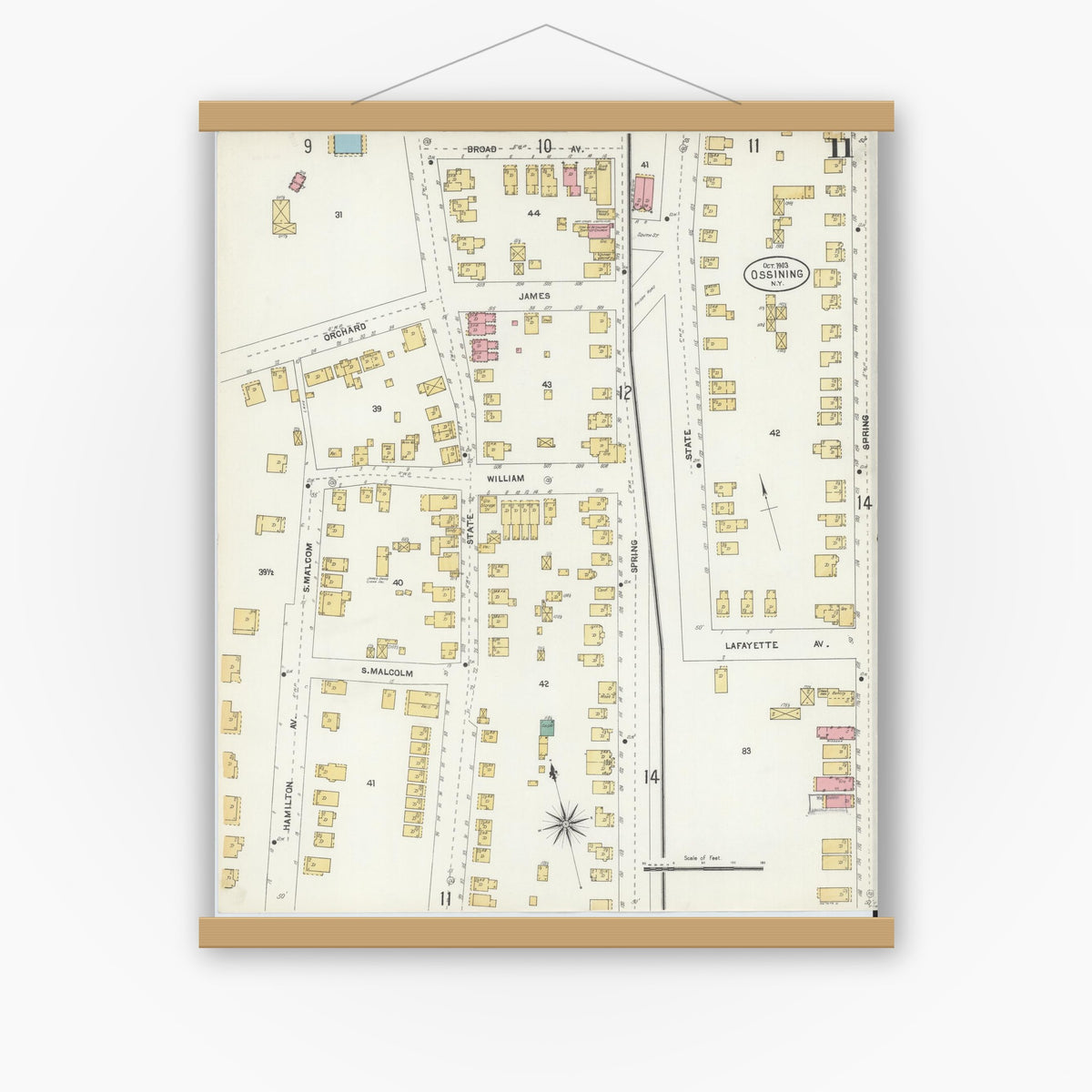 Old map wall art mockup — magnetic wood frame on white wall — Sanborn Fire Insurance Map from Ossining, Westchester County, New York (1903), Sheet #0011