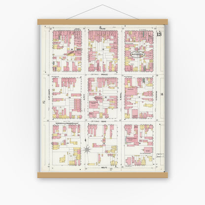 Old map wall art mockup — magnetic wood frame on white wall — Sanborn Fire Insurance Map from Alexandria, Independent Cities, Virginia (1902), Sheet #0013