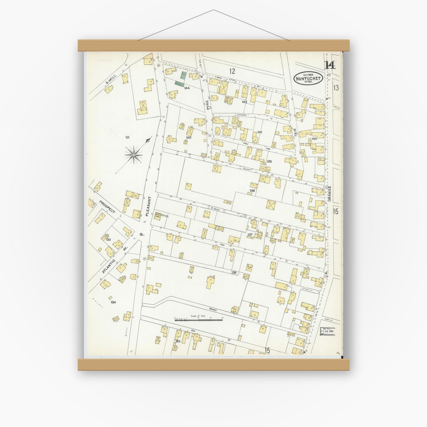 Old map wall art mockup — magnetic wood frame on white wall — Sanborn Fire Insurance Map from Nantucket, Nantucket County, Massachusetts (1904), Sheet #0014