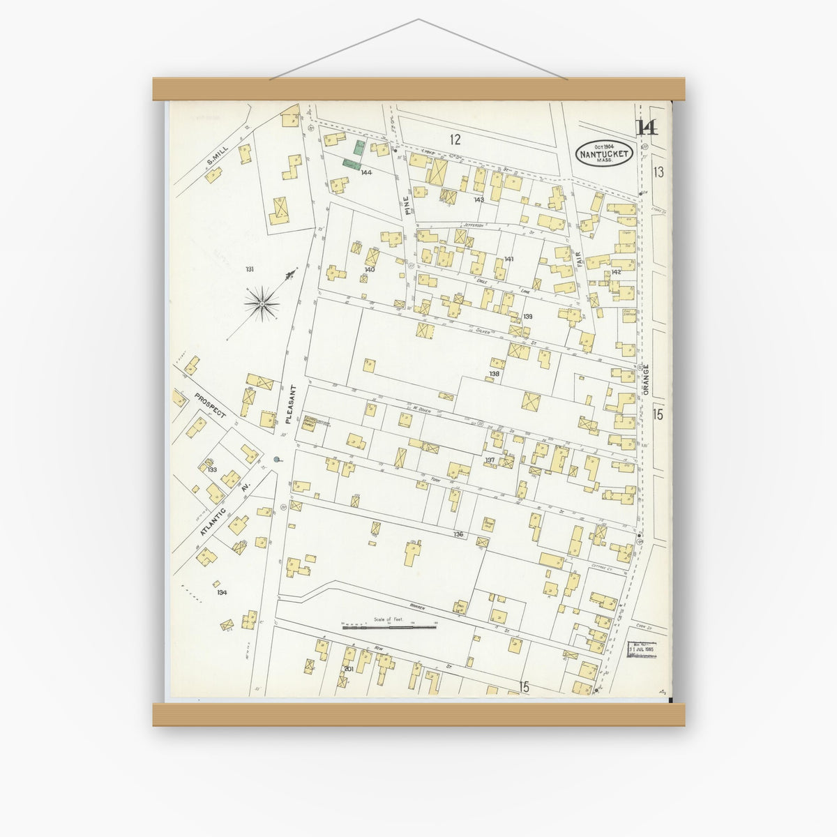 Old map wall art mockup — magnetic wood frame on white wall — Sanborn Fire Insurance Map from Nantucket, Nantucket County, Massachusetts (1904), Sheet #0014