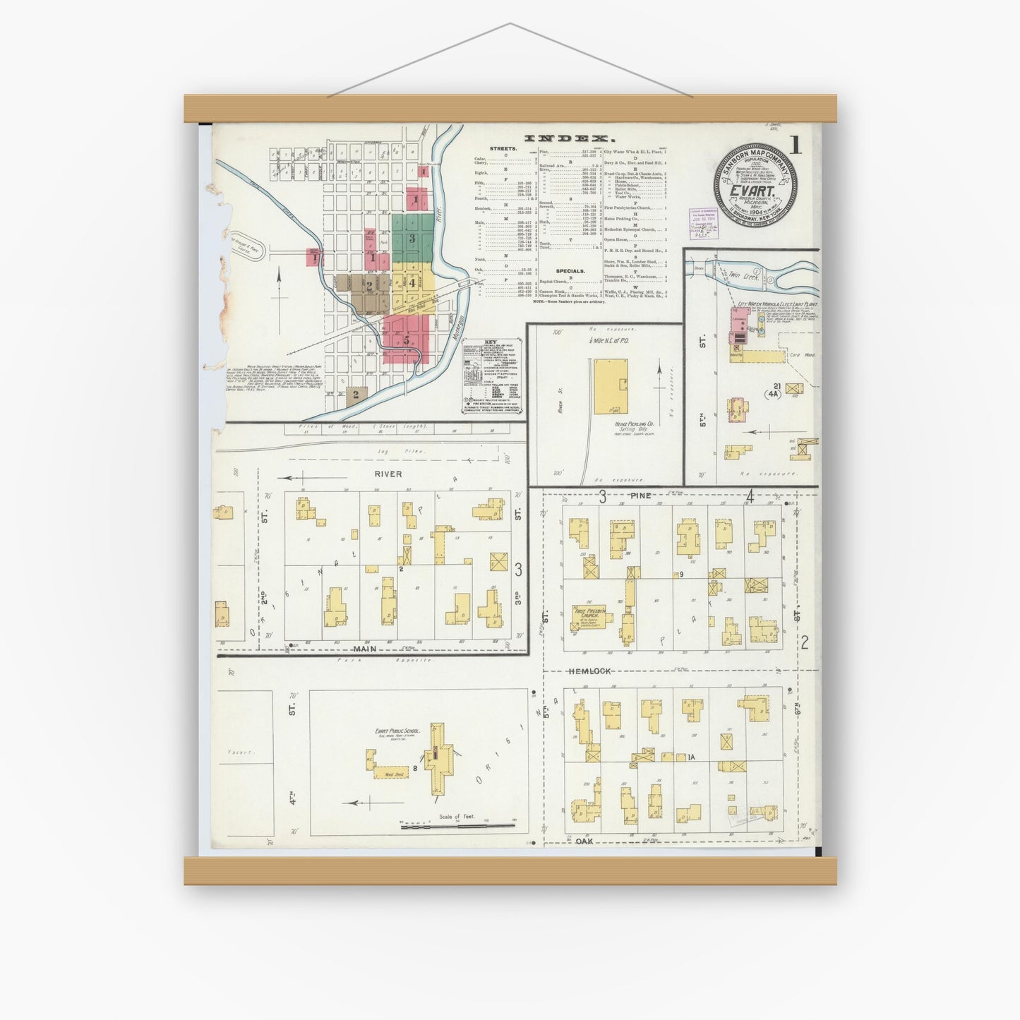 Old map wall art mockup — magnetic wood frame on white wall — Sanborn Fire Insurance Map from Evart, Osceola County, Michigan (1904), Sheet #0001