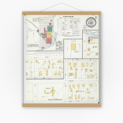 Old map wall art mockup — magnetic wood frame on white wall — Sanborn Fire Insurance Map from Evart, Osceola County, Michigan (1904), Sheet #0001