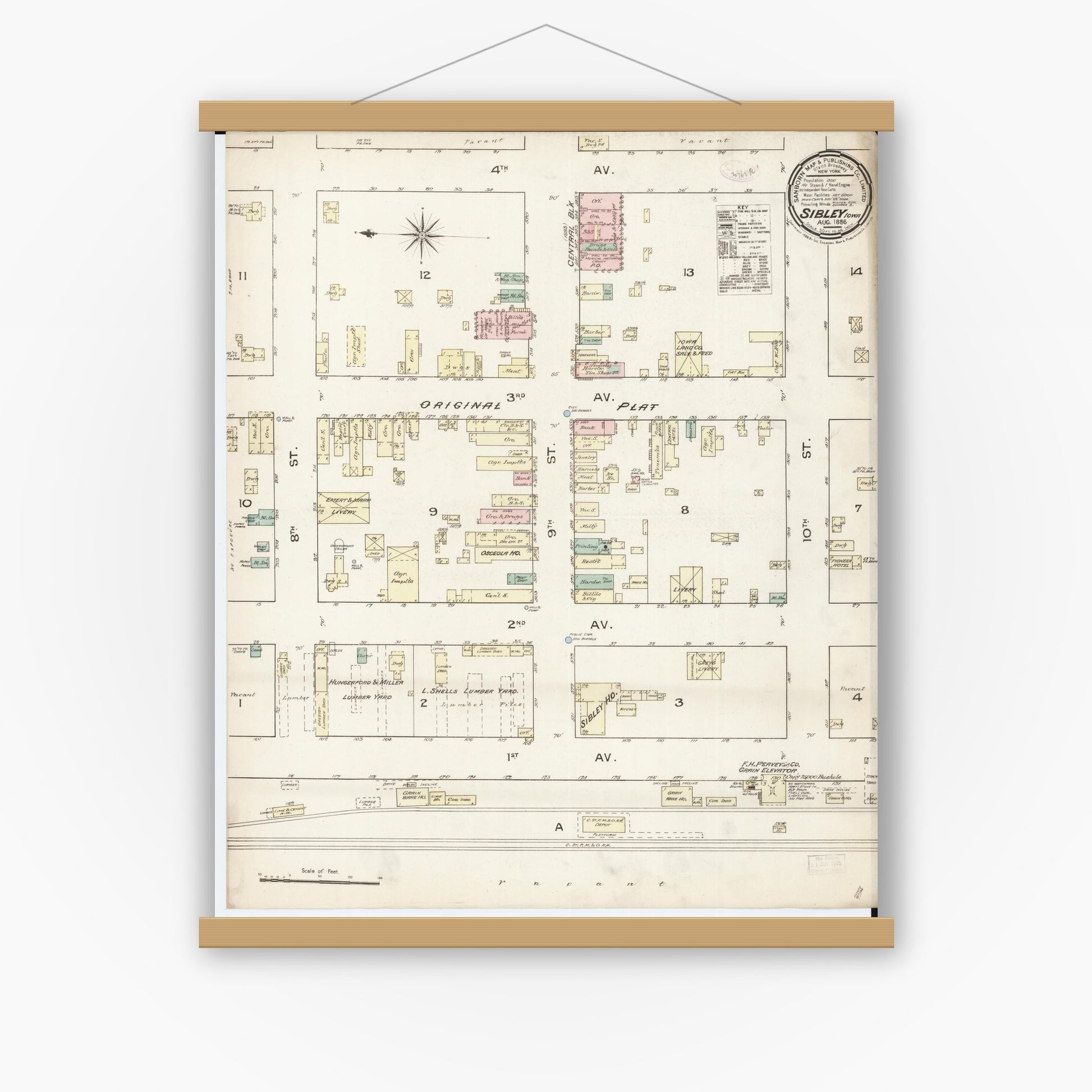 Old map wall art mockup — magnetic wood frame on white wall — Sanborn Fire Insurance Map from Sibley, Osceola County, Iowa (1886), Sheet #0001
