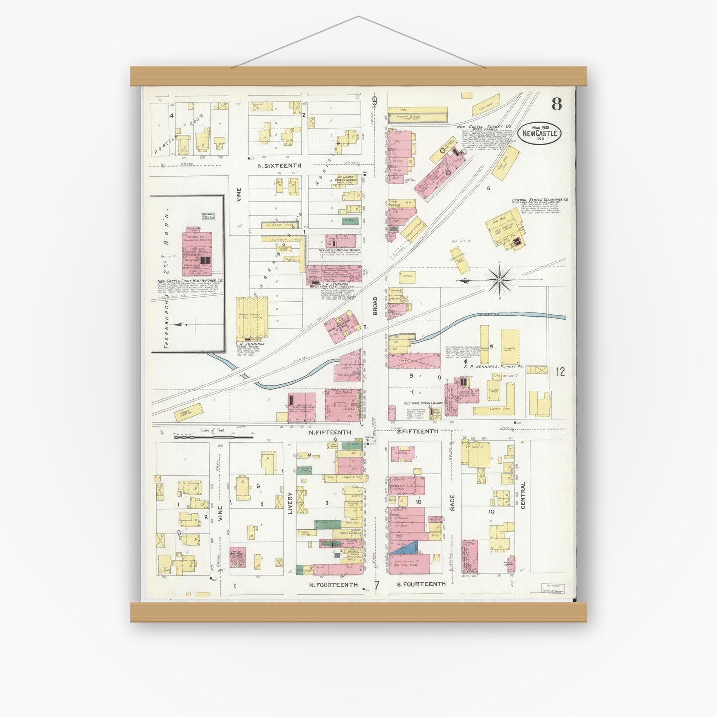 Old map wall art mockup — magnetic wood frame on white wall — Sanborn Fire Insurance Map from New Castle, Henry County, Indiana (1908), Sheet #0008