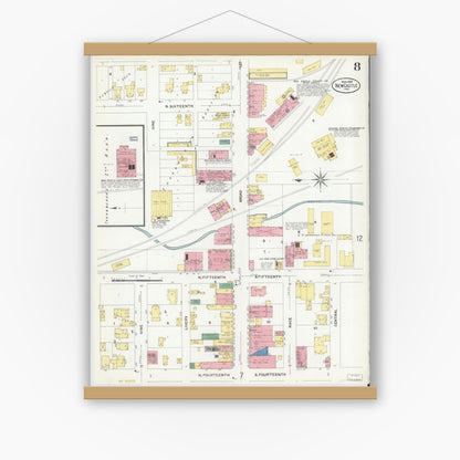 Old map wall art mockup — magnetic wood frame on white wall — Sanborn Fire Insurance Map from New Castle, Henry County, Indiana (1908), Sheet #0008