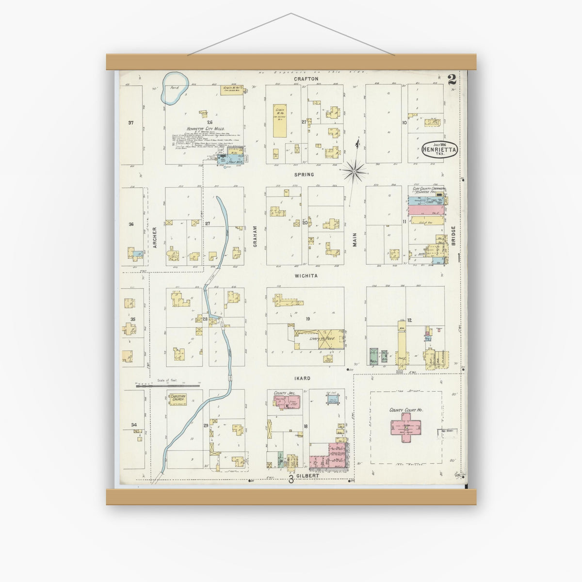Old map wall art mockup — magnetic wood frame on white wall — Sanborn Fire Insurance Map from Henrietta, Clay County, Texas (1896), Sheet #0002