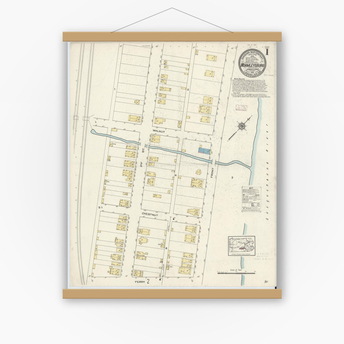 Old map wall art mockup — magnetic wood frame on white wall — Sanborn Fire Insurance Map from Wormleysburg, Cumberland County, Pennsylvania (1913) - Complete Map Set