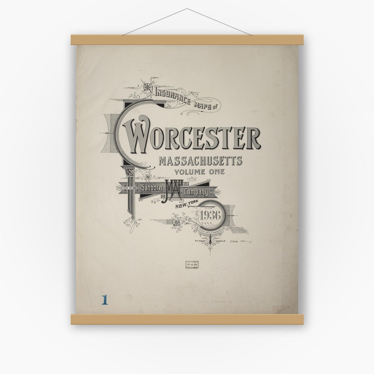 Old map wall art mockup — magnetic wood frame on white wall — Sanborn Fire Insurance Map from Worcester, Worcester County, Massachusetts (1936), Sheet #0001