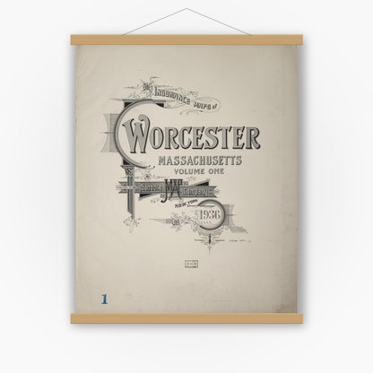 Old map wall art mockup — magnetic wood frame on white wall — Sanborn Fire Insurance Map from Worcester, Worcester County, Massachusetts (1936), Sheet #0001
