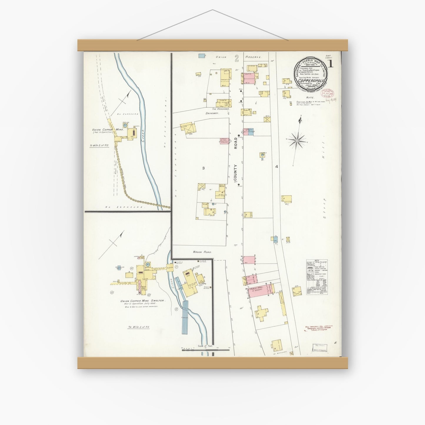 Old map wall art mockup — magnetic wood frame on white wall — Sanborn Fire Insurance Map from Copperopolis, Calaveras County, California (1895) - Complete Map Set