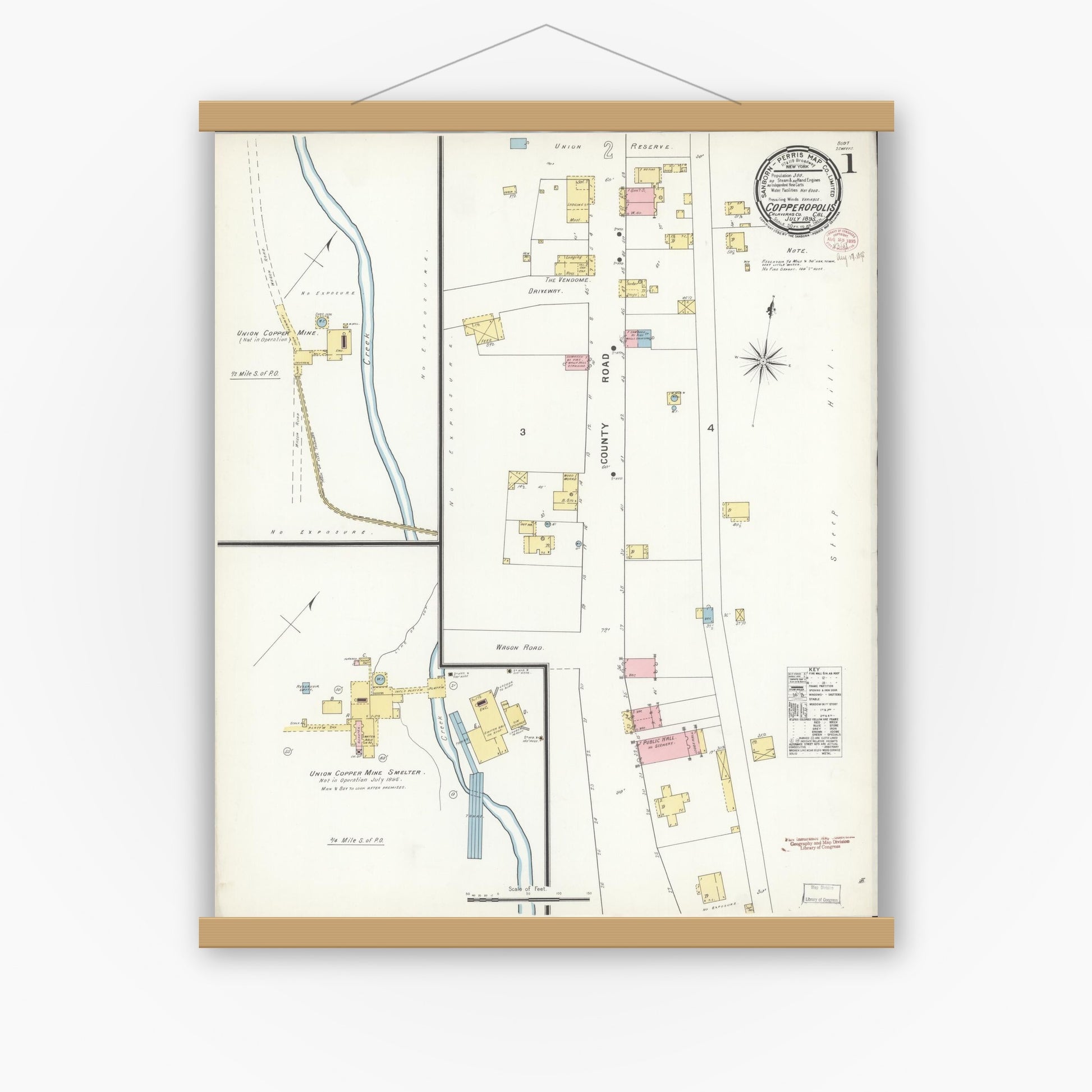 Old map wall art mockup — magnetic wood frame on white wall — Sanborn Fire Insurance Map from Copperopolis, Calaveras County, California (1895) - Complete Map Set