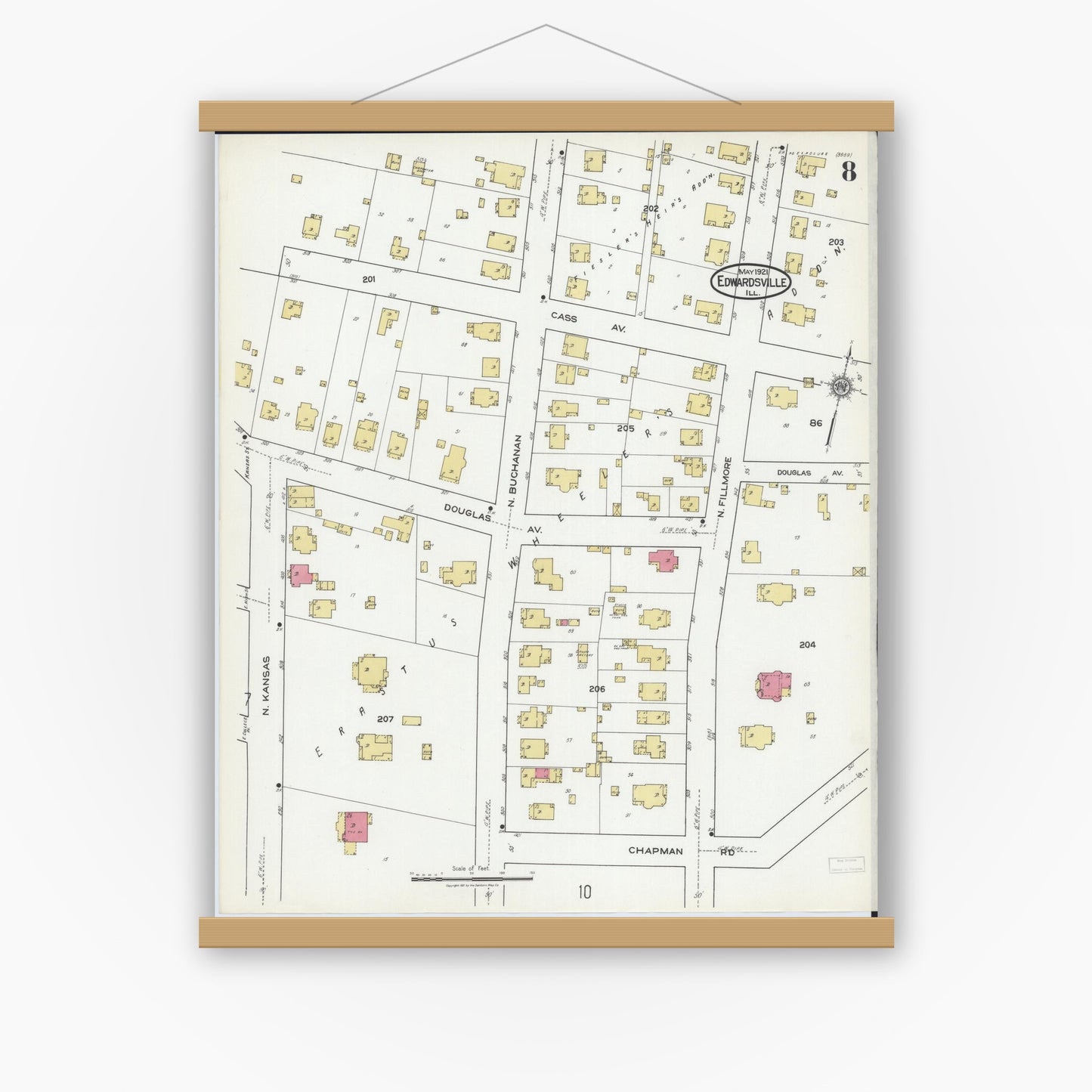 Old map wall art mockup — magnetic wood frame on white wall — Sanborn Fire Insurance Map from Edwardsville, Madison County, Illinois (1921), Sheet #0008