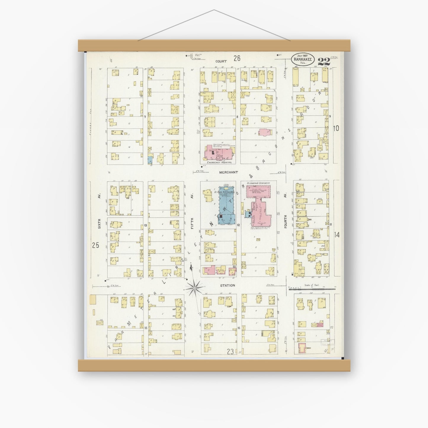 Old map wall art mockup — magnetic wood frame on white wall — Sanborn Fire Insurance Map from Kankakee, Kankakee County, Illinois (1907), Sheet #0022