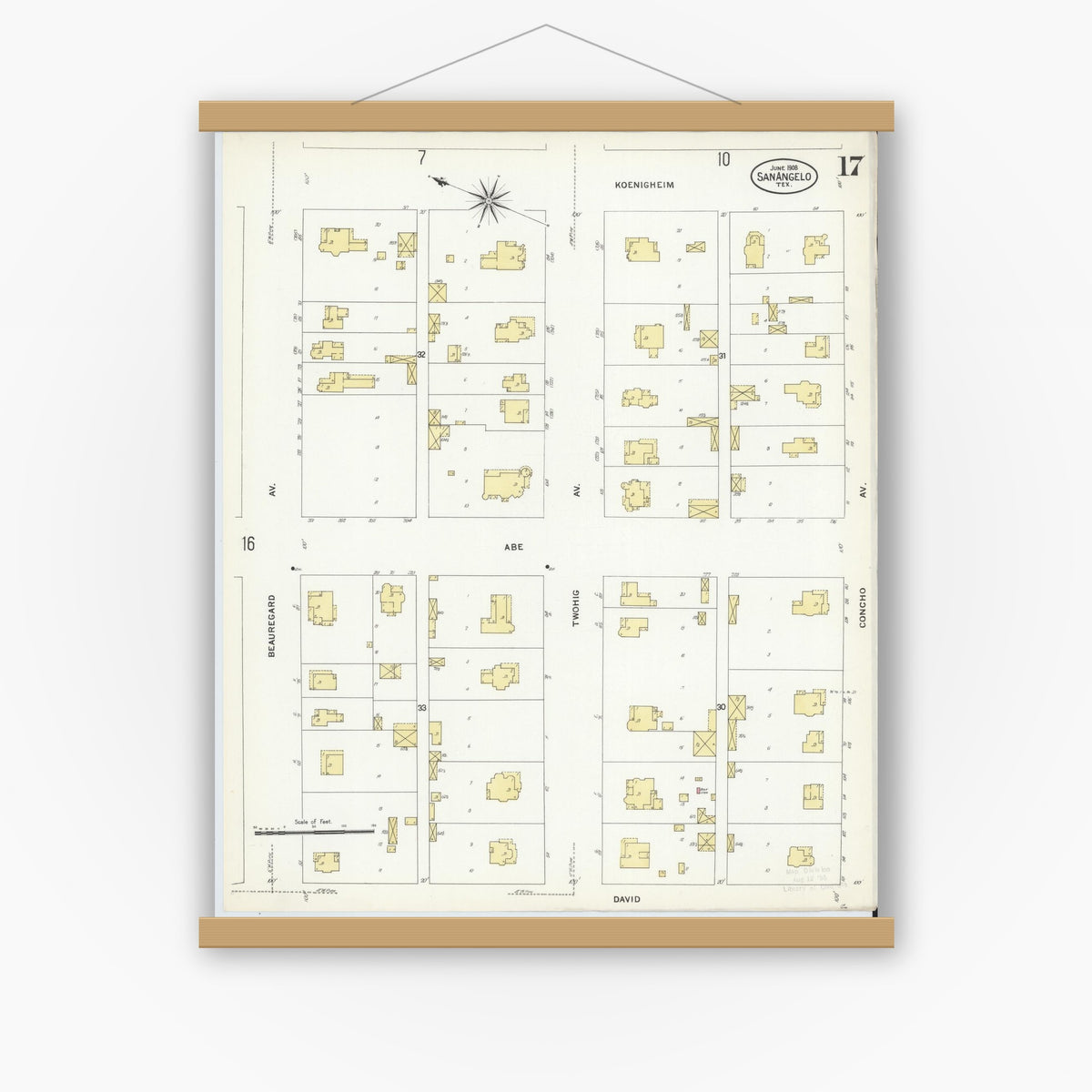 Old map wall art mockup — magnetic wood frame on white wall — Sanborn Fire Insurance Map from San Angelo, Tom Green County, Texas (1908), Sheet #0017