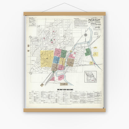 Old map wall art mockup — magnetic wood frame on white wall — Sanborn Fire Insurance Map from Poplar Bluff, Butler County, Missouri (1917) - Complete Map Set