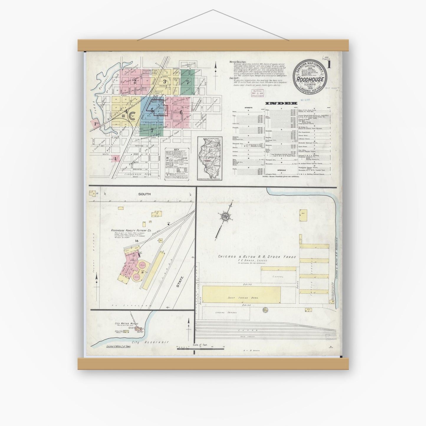 Old map wall art mockup — magnetic wood frame on white wall — Sanborn Fire Insurance Map from Roodhouse, Greene County, Illinois (1914) - Complete Map Set