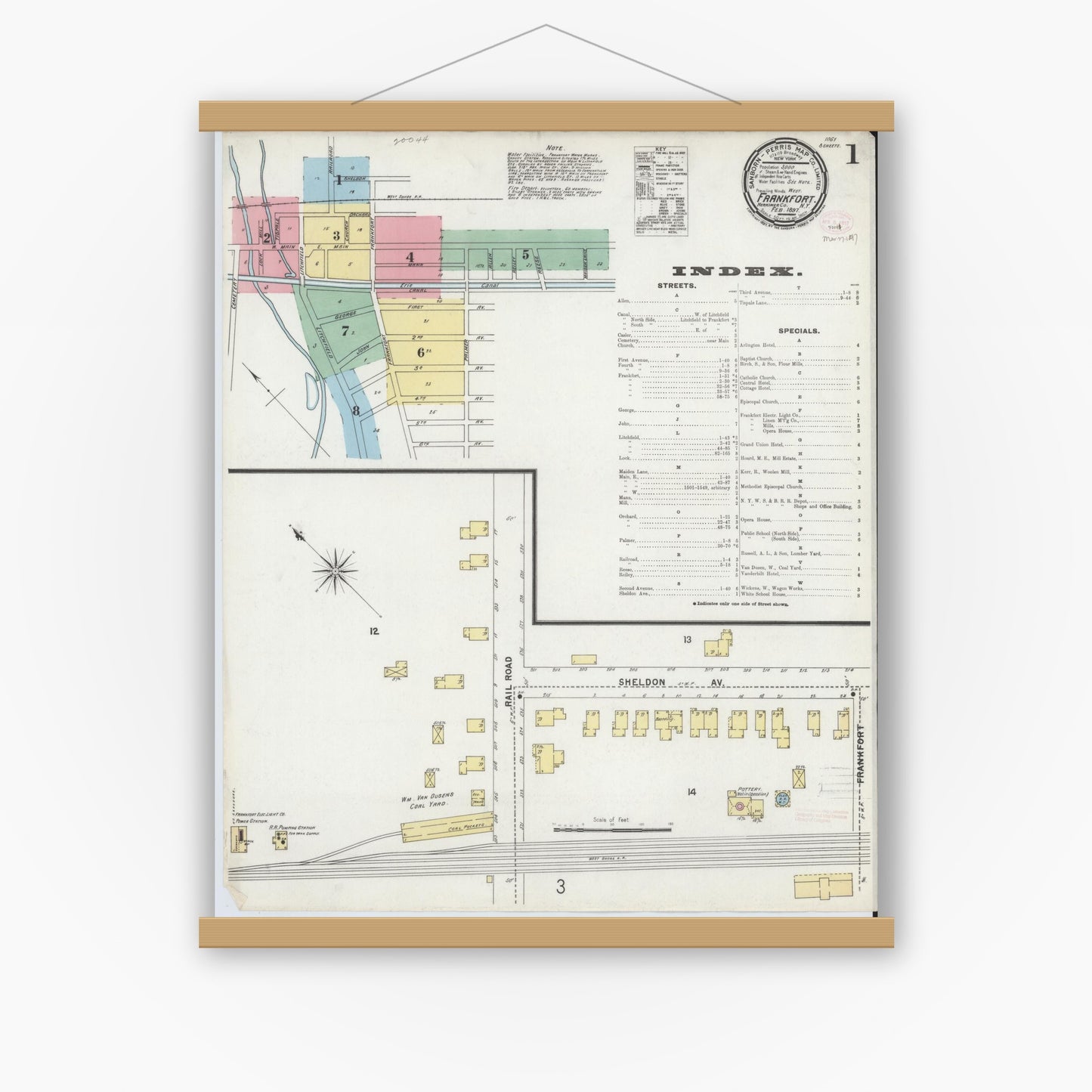 Old map wall art mockup — magnetic wood frame on white wall — Sanborn Fire Insurance Map from Frankfort, Herkimer County, New York (1897) - Complete Map Set