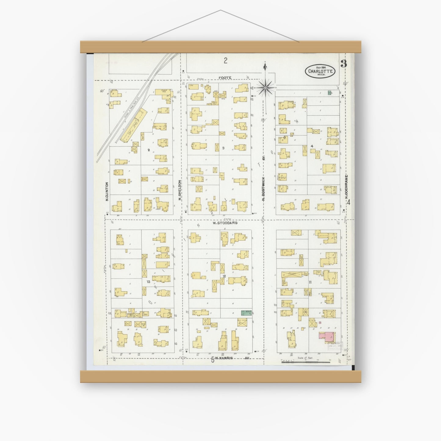 Old map wall art mockup — magnetic wood frame on white wall — Sanborn Fire Insurance Map from Charlotte, Eaton County, Michigan (1904), Sheet #0003