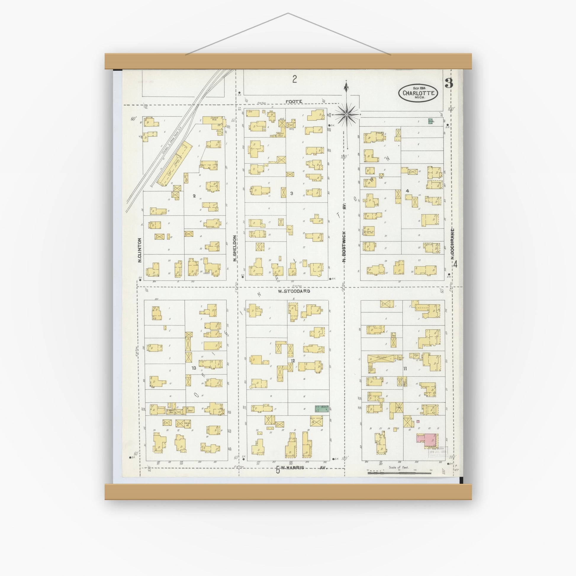 Old map wall art mockup — magnetic wood frame on white wall — Sanborn Fire Insurance Map from Charlotte, Eaton County, Michigan (1904), Sheet #0003
