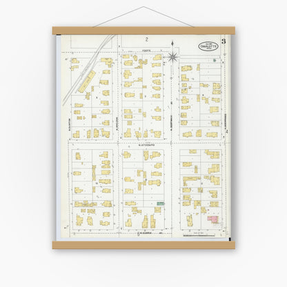 Old map wall art mockup — magnetic wood frame on white wall — Sanborn Fire Insurance Map from Charlotte, Eaton County, Michigan (1904), Sheet #0003
