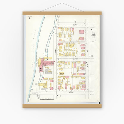 Old map wall art mockup — magnetic wood frame on white wall — Sanborn Fire Insurance Map from Hamilton, Butler County, Ohio (1899), Sheet #0007