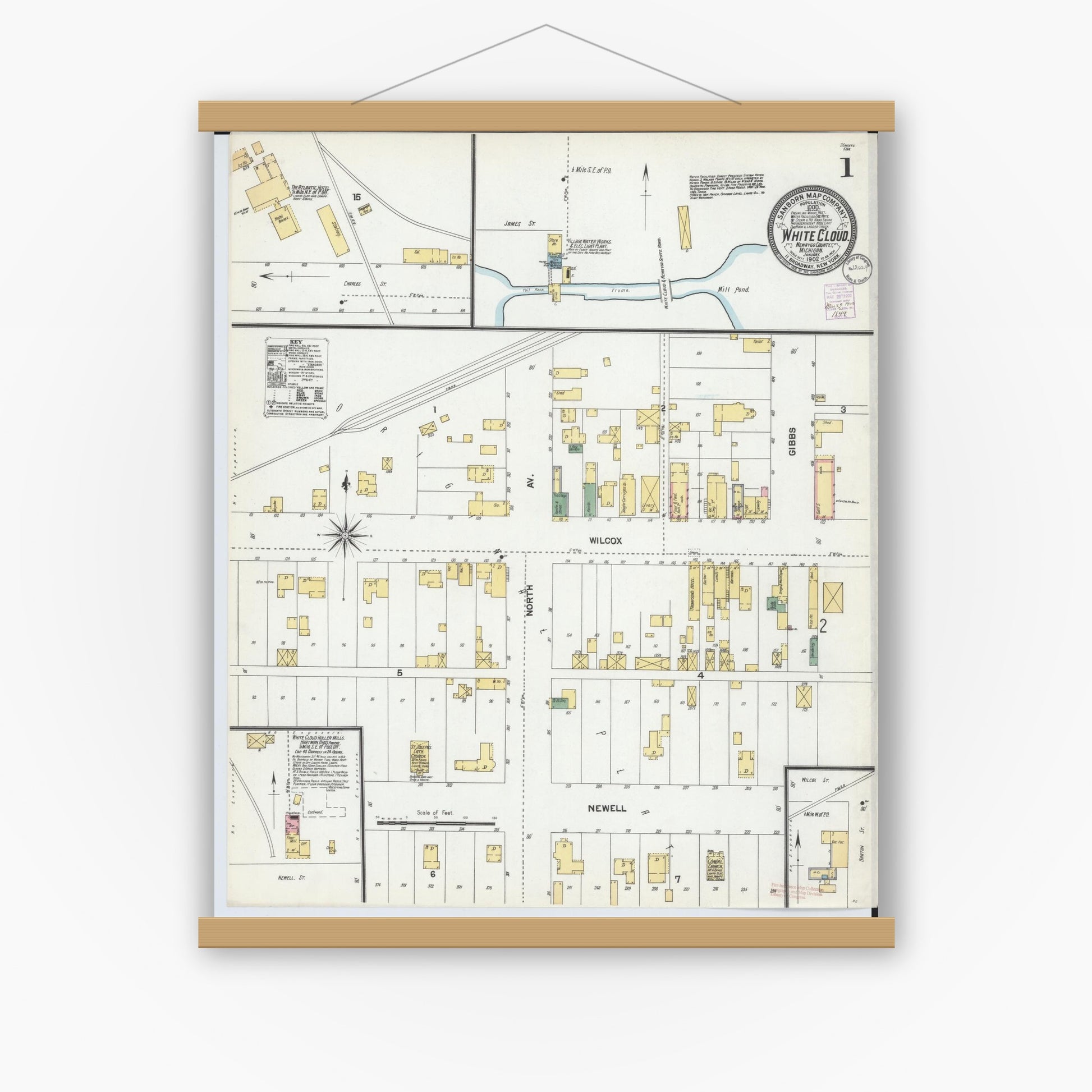 Old map wall art mockup — magnetic wood frame on white wall — Sanborn Fire Insurance Map from White Cloud, Newaygo County, Michigan (1902), Sheet #0001