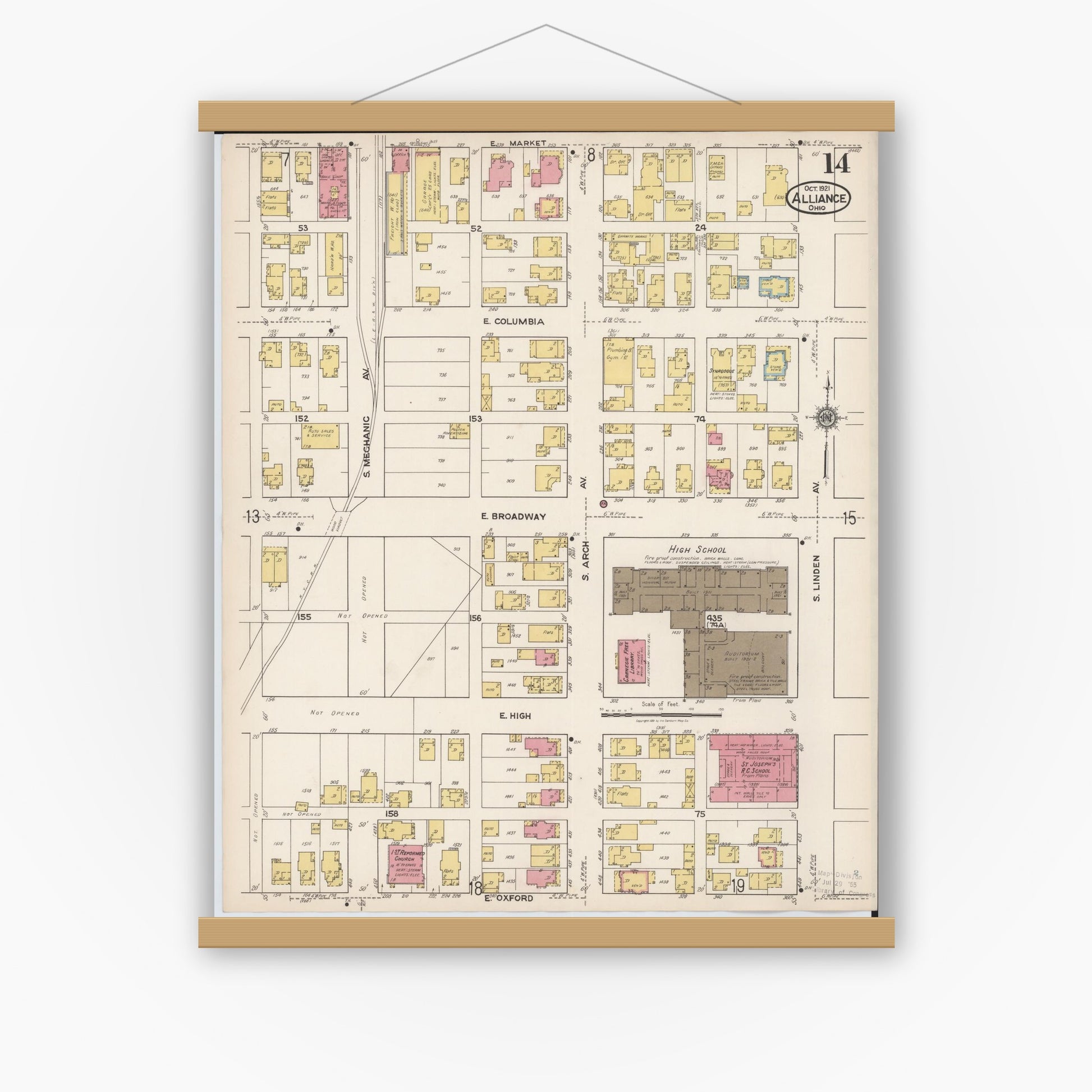 Old map wall art mockup — magnetic wood frame on white wall — Sanborn Fire Insurance Map from Alliance, Stark County, Ohio (1921), Sheet #0014