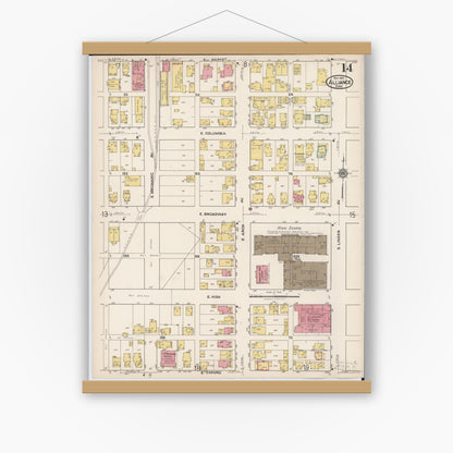 Old map wall art mockup — magnetic wood frame on white wall — Sanborn Fire Insurance Map from Alliance, Stark County, Ohio (1921), Sheet #0014