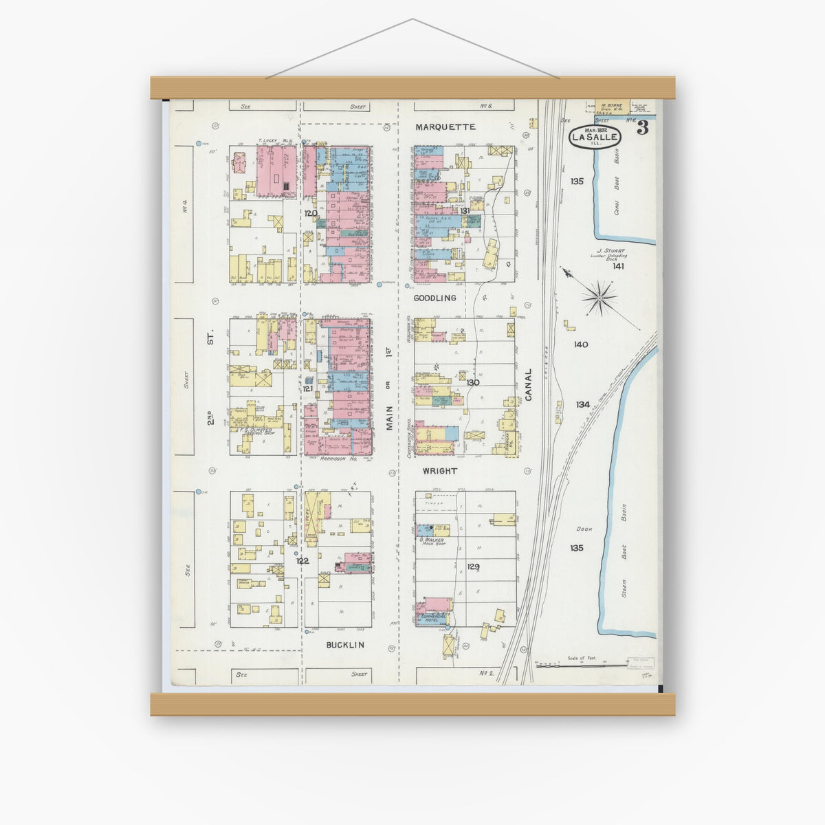 Old map wall art mockup — magnetic wood frame on white wall — Sanborn Fire Insurance Map from La Salle, La Salle County, Illinois (1892), Sheet #0003
