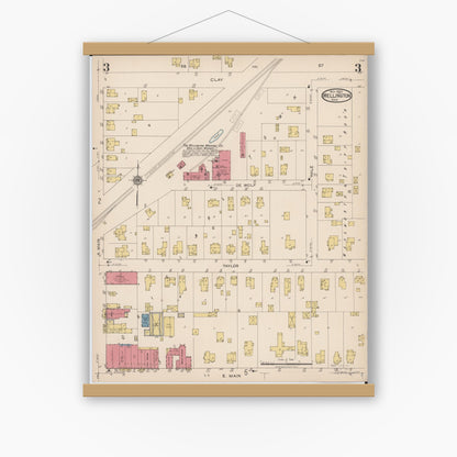 Old map wall art mockup — magnetic wood frame on white wall — Sanborn Fire Insurance Map from Wellington, Lorain County, Ohio (1922), Sheet #0003
