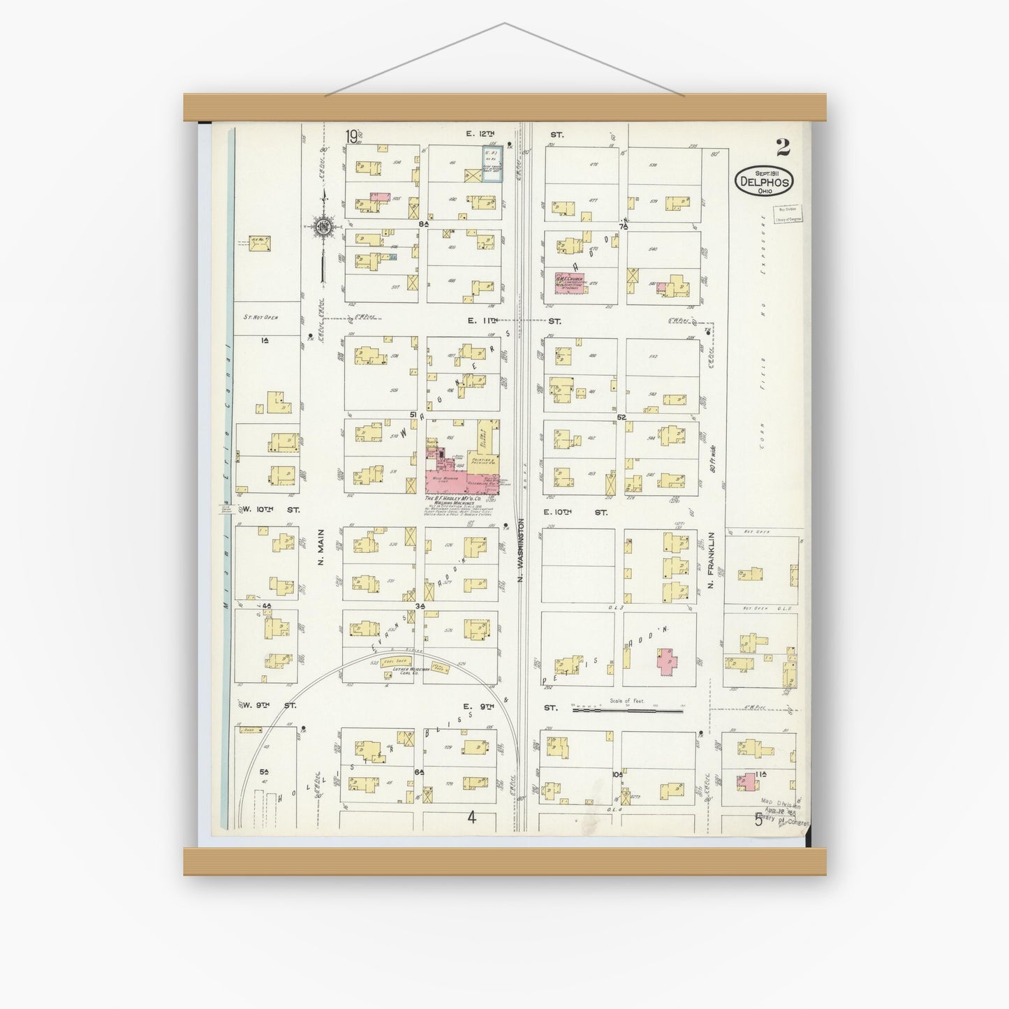 Old map wall art mockup — magnetic wood frame on white wall — Sanborn Fire Insurance Map from Delphos, Van Wert And Allen Counties, Ohio (1911), Sheet #0002