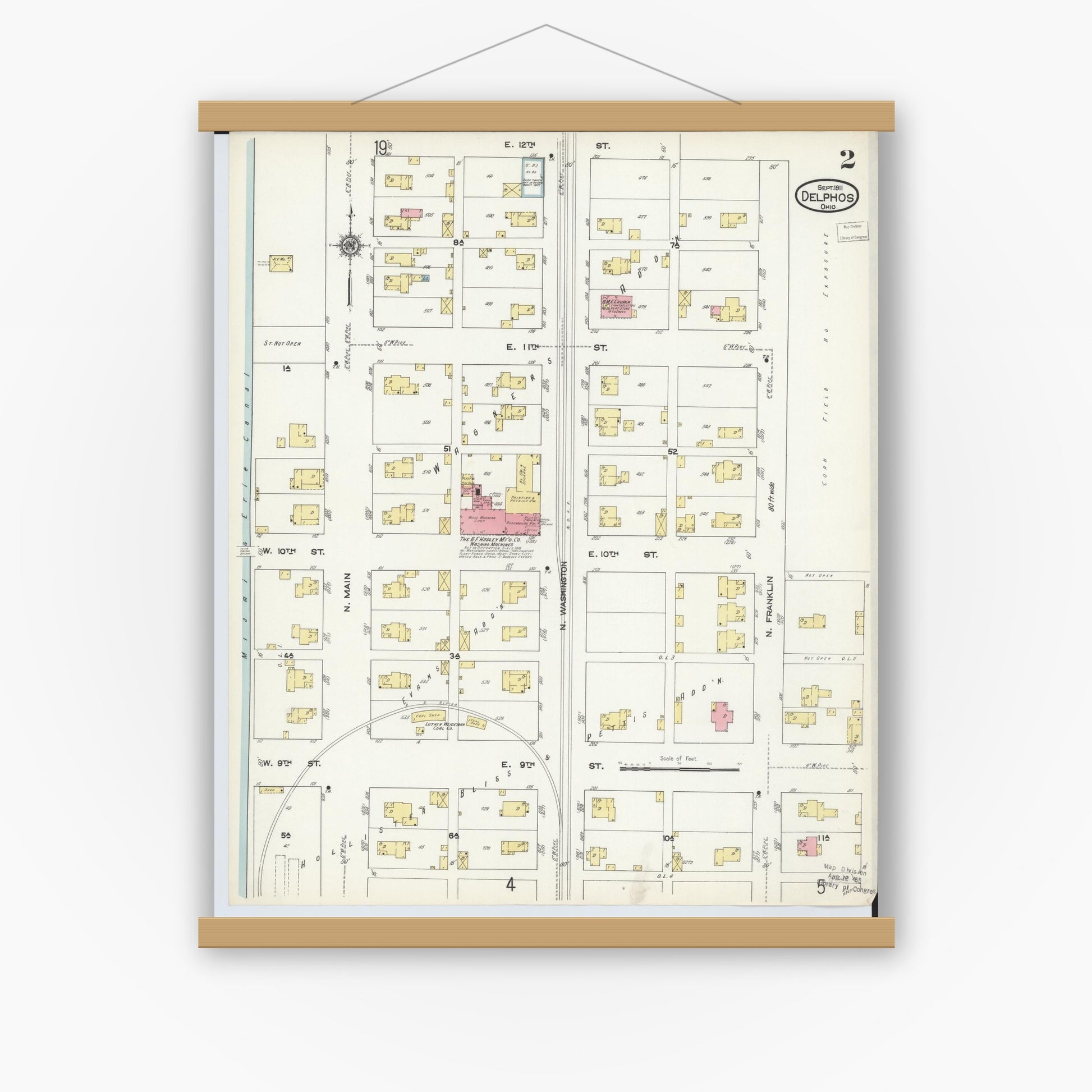 Old map wall art mockup — magnetic wood frame on white wall — Sanborn Fire Insurance Map from Delphos, Van Wert And Allen Counties, Ohio (1911), Sheet #0002