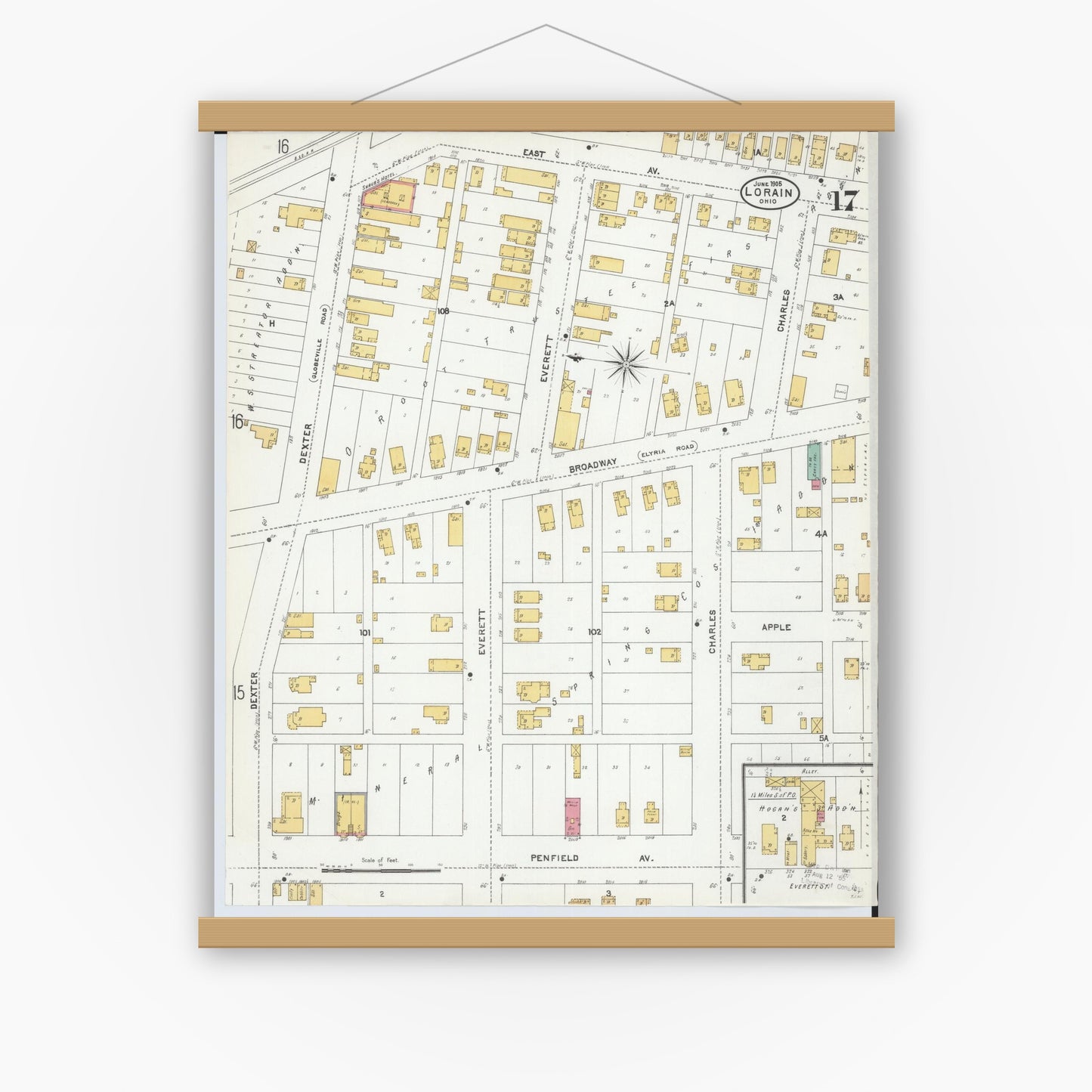 Old map wall art mockup — magnetic wood frame on white wall — Sanborn Fire Insurance Map from Lorain, Lorain County, Ohio (1905), Sheet #0017