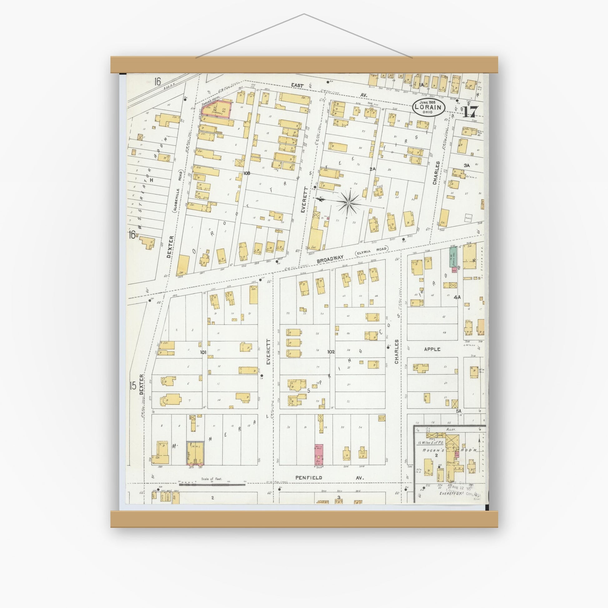 Old map wall art mockup — magnetic wood frame on white wall — Sanborn Fire Insurance Map from Lorain, Lorain County, Ohio (1905), Sheet #0017