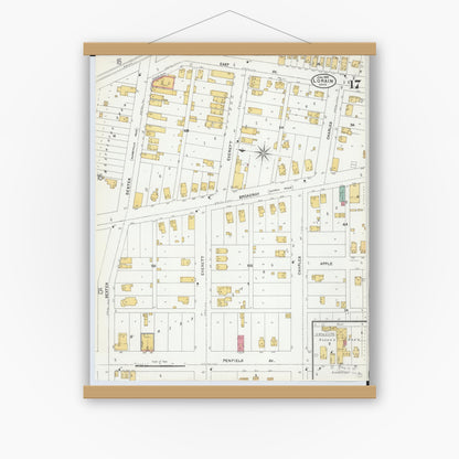 Old map wall art mockup — magnetic wood frame on white wall — Sanborn Fire Insurance Map from Lorain, Lorain County, Ohio (1905), Sheet #0017
