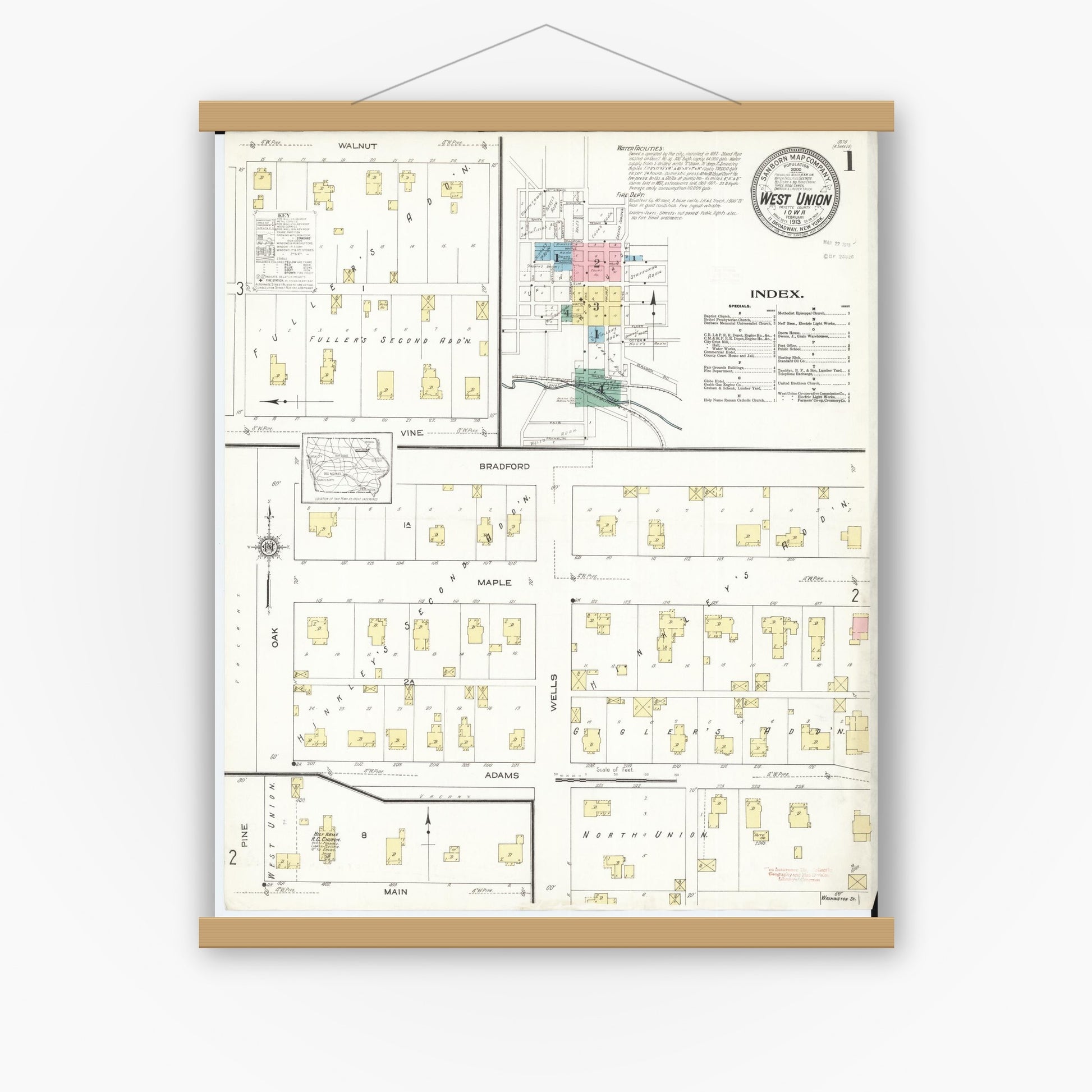Old map wall art mockup — magnetic wood frame on white wall — Sanborn Fire Insurance Map from West Union, Fayette County, Iowa (1913) â€” Complete Set