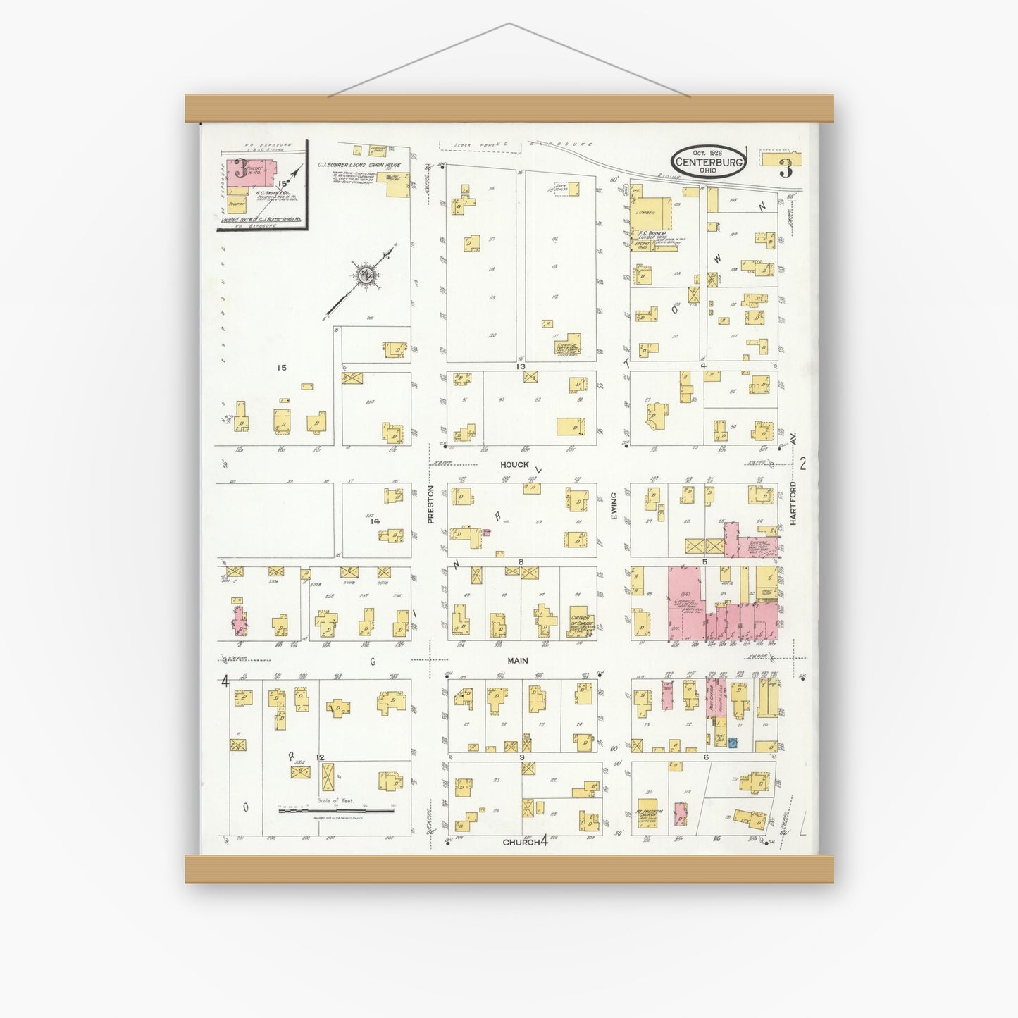 Old map wall art mockup — magnetic wood frame on white wall — Sanborn Fire Insurance Map from Centerburg, Knox County, Ohio (1926), Sheet #0003
