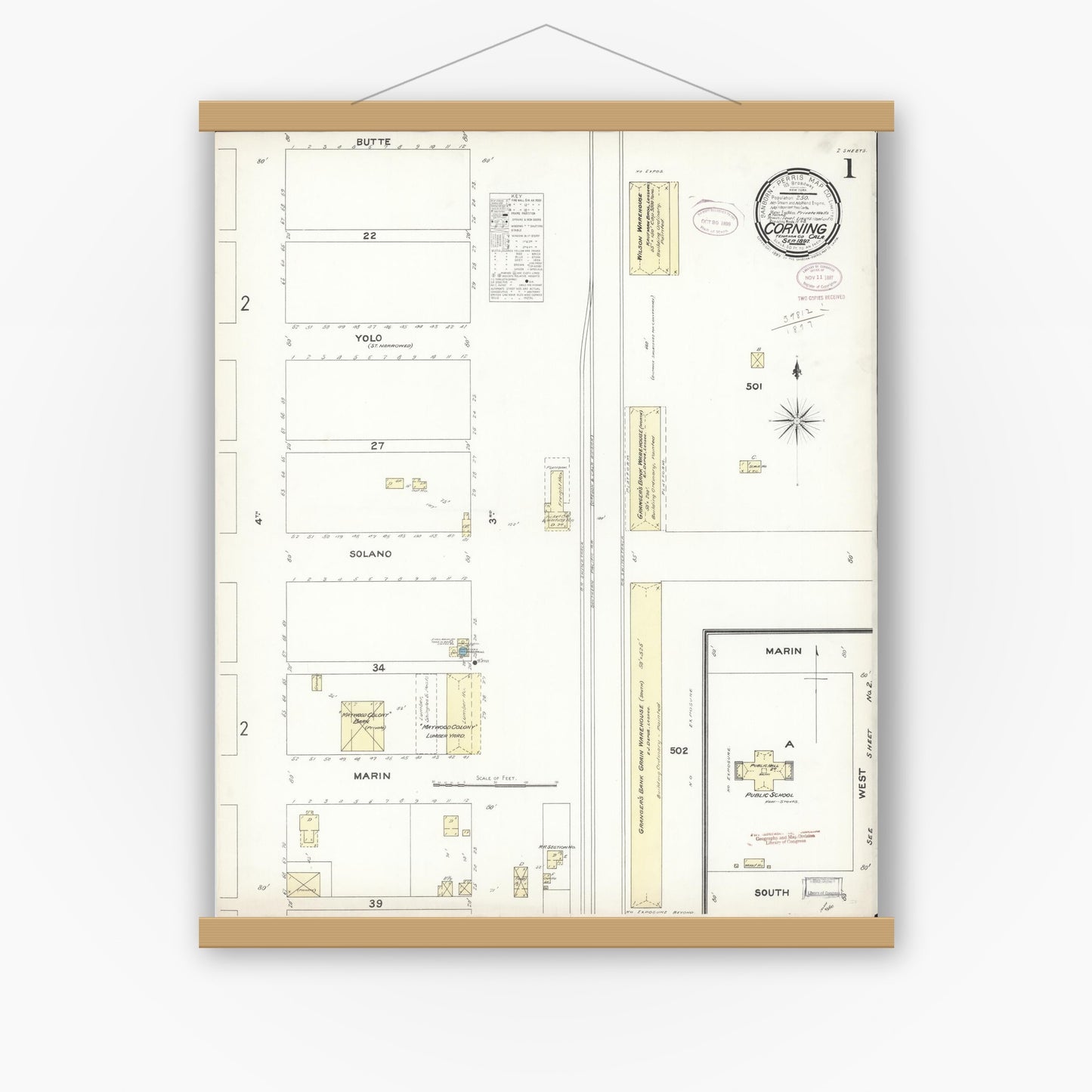 Old map wall art mockup — magnetic wood frame on white wall — Sanborn Fire Insurance Map from Corning, Tehama County, California (1897) - Complete Map Set